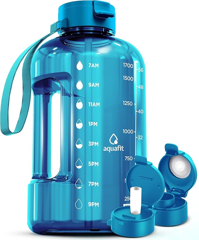 AQUAFIT Half Gallon Water Bottle with Time Marker | BPA Free Half Gallon Water Bottle with Straw and Chug Lids - Leakproof Gym Water Bottle with Carry Handle (Aqua)