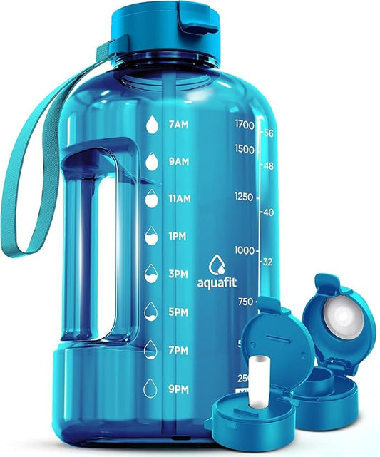 AQUAFIT Half Gallon Water Bottle with Time Marker | BPA Free Half Gallon Water Bottle with Straw and Chug Lids - Leakproof Gym Water Bottle with Carry Handle (Aqua)
