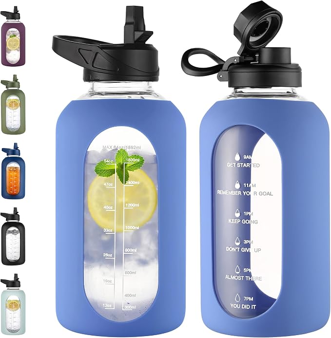CIVAGO 64 oz Glass Water Bottle with Straw, Half Gallon Large Water Jug | Motivational, Time Marker, Leakproof Lids, Wide Mouth, Flask Cup with Handle and Silicone Sleeve, for Juices, Wave Blue