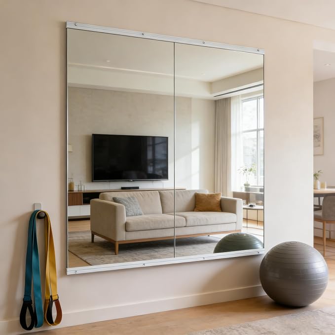 Home Gym Mirror (2 Pack), 48 x 24 Inch Large Full Body Frameless Wall Mounted Mirror, Tempered Glass Workout Mirror for Home Gym, Yoga Studio, Dance Room, Garage, Bedroom – Silver