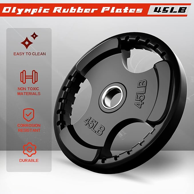 RitFit Olympic Rubber Grip Weight Plates, 2-Inch Barbell Set | Solid Iron Core, Rubber Coated, 2-Inch Olympic Bar Compatible, 3-Hole Grip, 2.5LB to 45LB Weight Options
