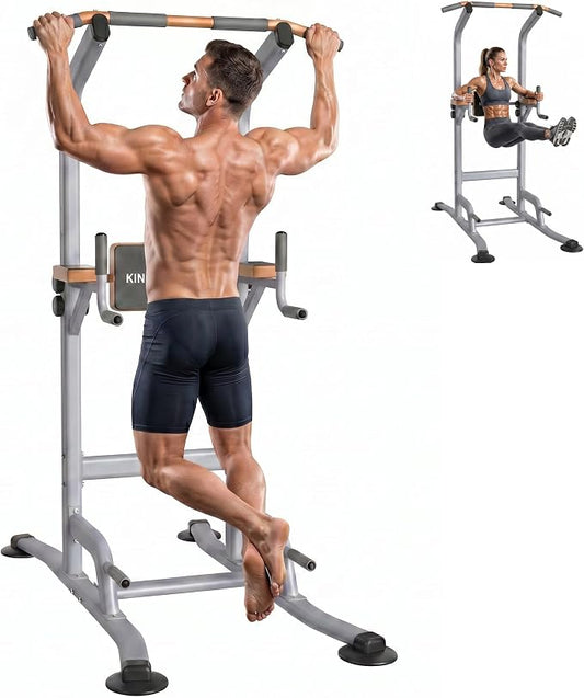 Multi-Function Power Tower Pull Up Bar Station with Pilates Resistance Bands, 450LBS Stable Pull Up Dip Station with Push Up Handles for Home Gym Strength Training Equipment
