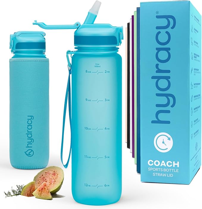 Hydracy Motivational Water Bottle with Time Marker and Straw Lid 32 oz | Leakproof,BPA Free,No Sweat Neoprene Sleeve,Carry Strap,Daily Intake Tracking for Fitness & Outdoors