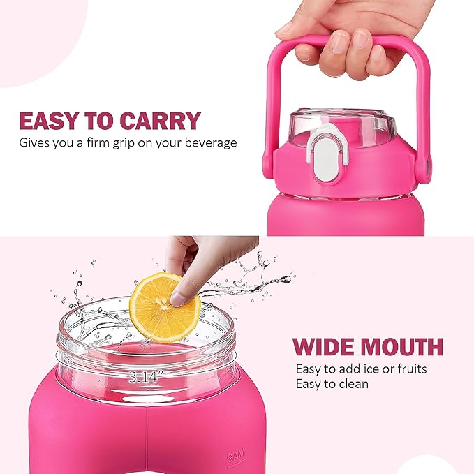 64oz Glass Water Bottles with Straw, Half Gallon Motivational Glass Bottle with Silicone Sleeve and Time Marker, 2L Leakproof Large Glass Water Jug for Gym Home Office, Rose Red