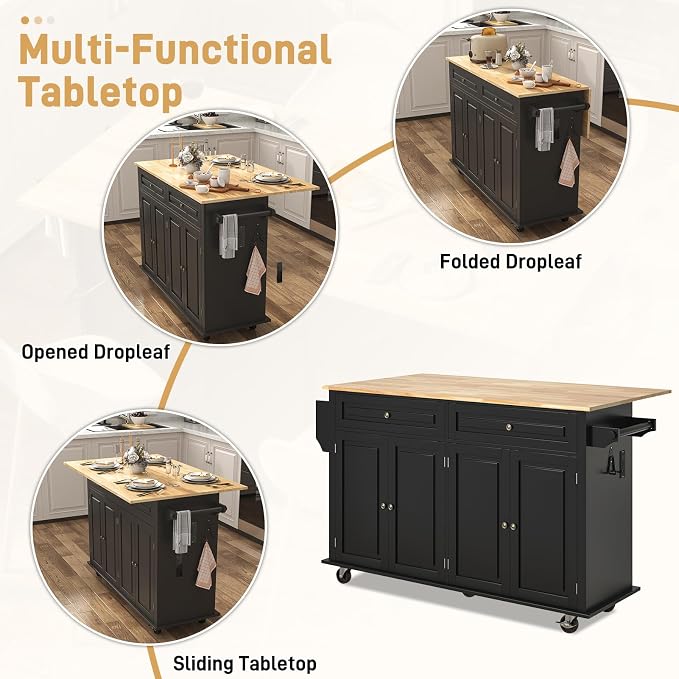 Hlivelood 55" Movable Kitchen Island with Drop Leaf and Power Outlet, Rolling Cart with Storage Cabinet, Island Table on Wheels for Kitchen with 2 Drawers, Spice Rack, Towel Bar, Garage Hook, Black