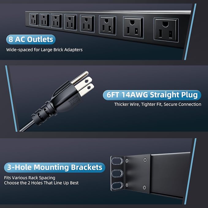 8-Outlet 1U Rack Mount PDU Power Strip, 2000J Surge Protection, 6ft Cord 14AWG Cord – PDU Power Strip for 19-Inch Network Server Racks