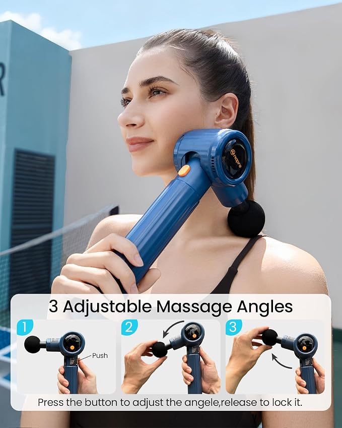 NAPRE Massage Gun with Extension Handle,Massage Gun Deep Tissue | Handheld Percussion Muscle Massager for Back Neck Pain Relief,3 Adjustable Angles,5 Speeds,6 Heads,Case,Blue