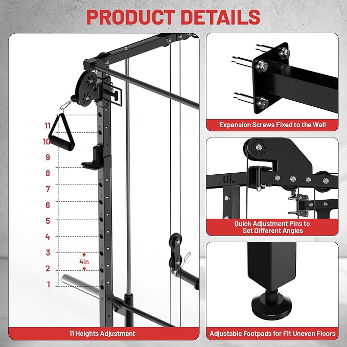 Garvee Folding Squat Rack, Wall Mounted Power Rack with Dual Independent Pulley System & Pull Up Bar, Multi-Function Power Cage with for Home Gym Space-Saving
