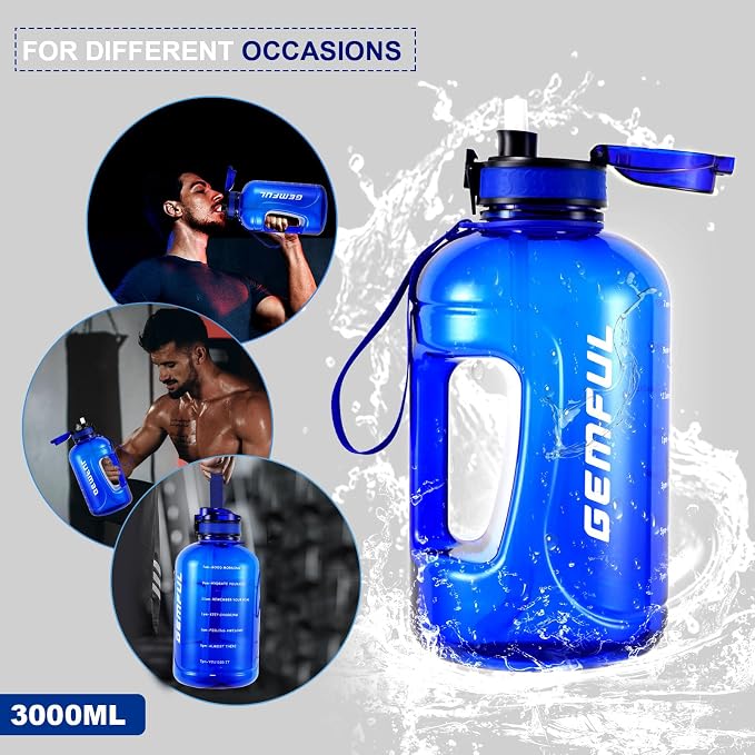 GEMFUL 3L Water Bottle with Straw & Handle BPA-Free Gym Jug (Royal Blue) | Leak-proof, 100oz Large Capacity, Time Marker Tracks Daily Intake, Wide Mouth, for Hiking, Office, Sport, Fitness