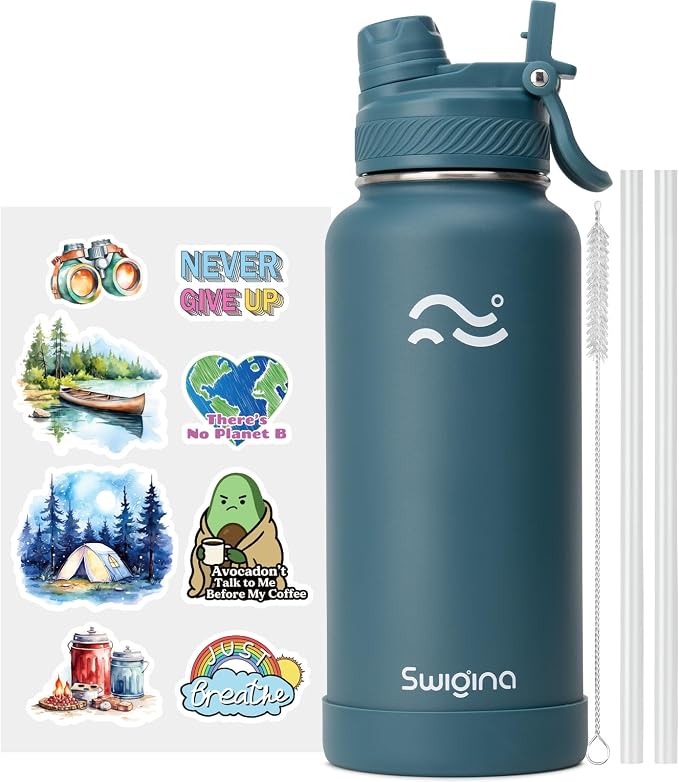 Swigina Insulated Water Bottle with Silicone Boot (36hrs Cold/18hrs Hot) - DIY Stickers, Leakproof, BPA Free, 24 oz [2-IN-1 LID]