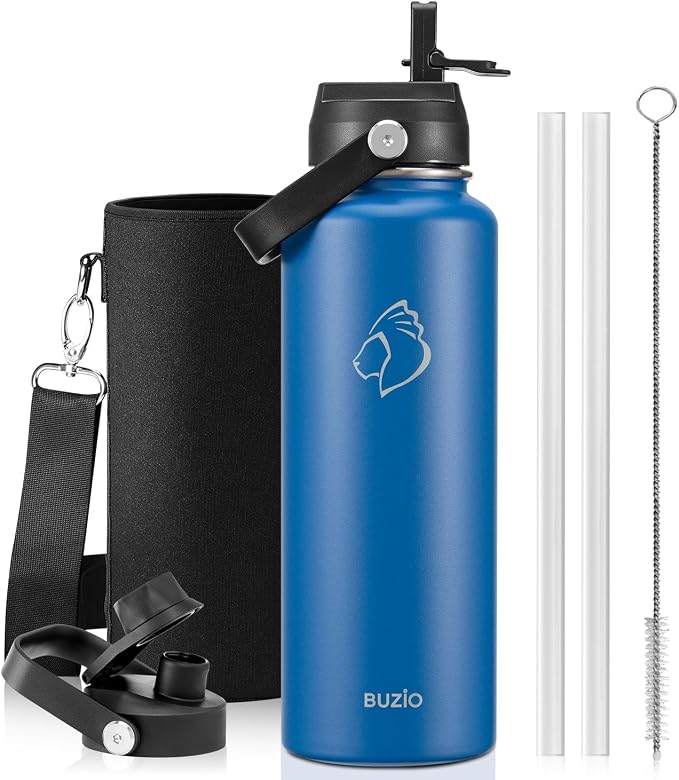 BUZIO Triple Wall Vacuum Water Bottle with Dust-proof Straw & Spout Lids | 40 oz Insulated Stainless Steel Water Flask (Cold for 48 Hrs/Hot for 24 Hrs), Dishwasher Safe, Leakproof, Non-BPA, for Hiking