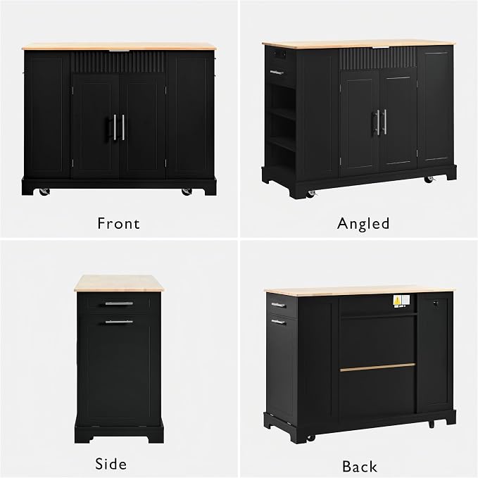 Merax Fluted Kitchen Island with Trash Can Storage Cabinet, Power Outlet, Internal Storage Rack, Rolling Kitchen Storage Cart on 5 Wheels with 3 Drawer, 3 Open Side Racks, Black