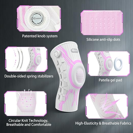 Kuangmi Knob Knee Brace for Pain Relief, Knee Support with Patella Gel Pad & Side Stabilizers, Compression Knee Sleeve for Workout, Arthritis, Joint Pain, Meniscus Tear (Pink White,Right,Large,Single)