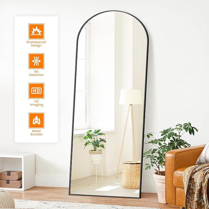 TRAHOME Full Length Arched Mirror, 70"x24" Standing Floor Full Body Mirror for Wall with Aluminum Alloy Frame for Bedroom, Living Room, Dressing Room(Black)