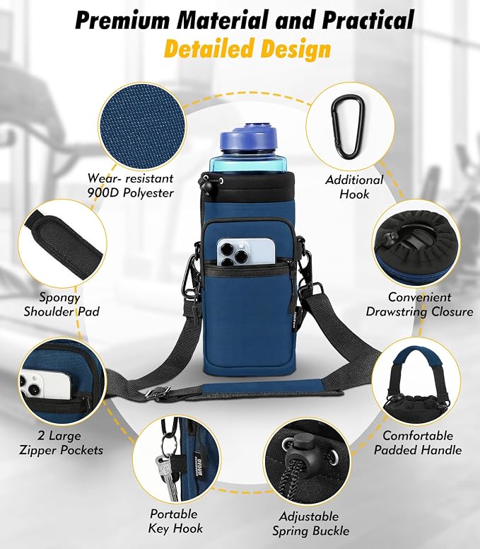 Nuovoware Magnetic Gym Bag, 40oz, Water Bottle Carrier Holder, Indigo | Adjustable Shoulder Strap, Magnets Magnetic Gym Bag, Bottle Pouch Sling, 2 Pocket, Neoprene Organizer Sleeve