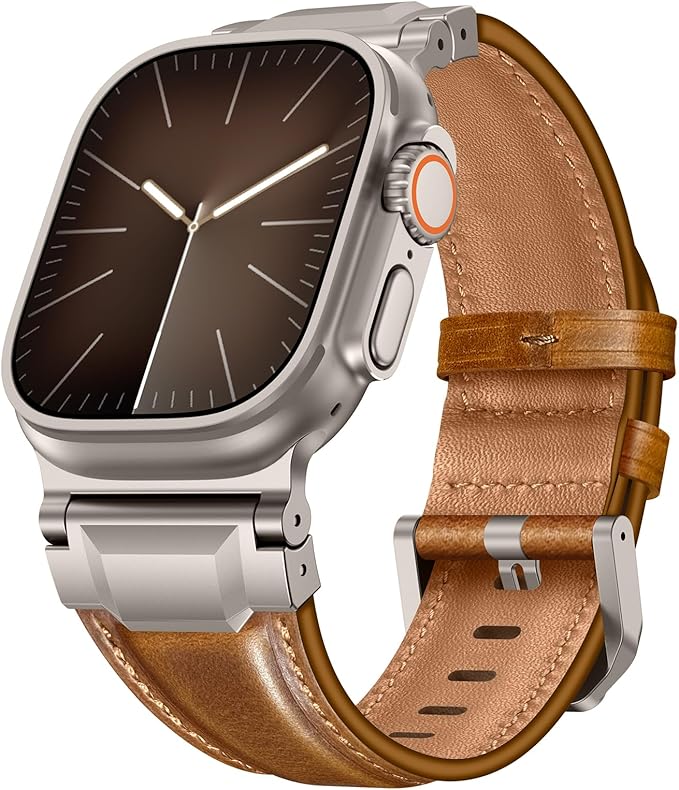 Bands Compatible with Apple Watch Ultra 3/2/1 Band 49/46/45/44mm | Genuine Leather Metal Connector Strap for iWatch Ultra Series 11/10/9/8/7/SE/6/5/4/3/2/1, Brown/Titanium