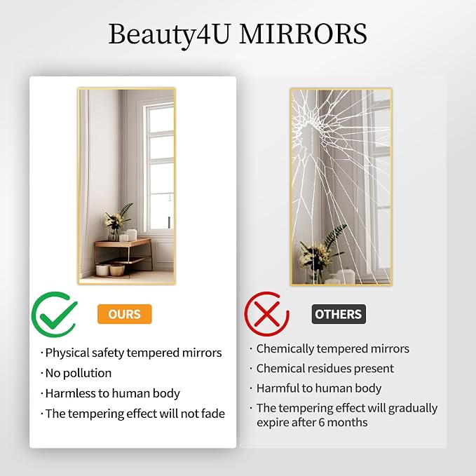 Beauty4U 71" x 32" Full Length Mirror with Stand, Gold Large Floor Mirror | Standing, Leaning, or Wall-Mounted Tempered Glass Full Body Mirror with Metal Frame for Bedroom, Closet, Modern Home Decor