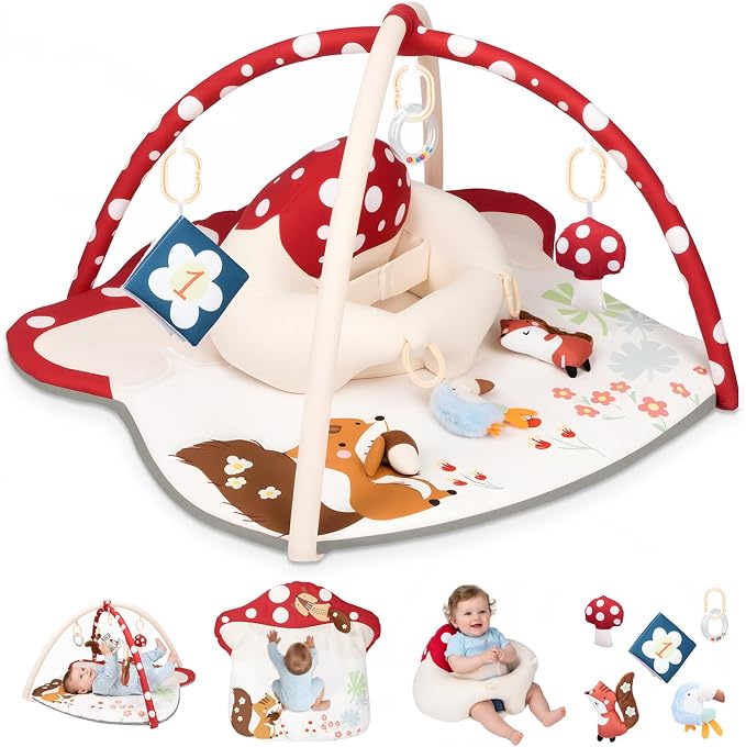 3-in-1 Baby Play Mat & Baby Seats for Infants for Sitting Up, Tummy Time Gym Activity Mat with 5 Detachable Toys, for Babies 0-6-12-18 Months, Newborn Babies Shower Gifts(Red)