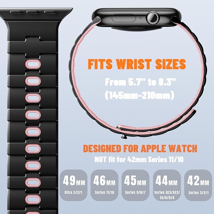 Bandletic Magnetic Silicone Watchband Compatible with All Apple Watch | Strong Magnet Sport Strap for iWatch Ultra 49mm Series 11-1 SE 46mm 45mm 44mm 42mm 41mm 40mm 38mm, Ideal for Men Women