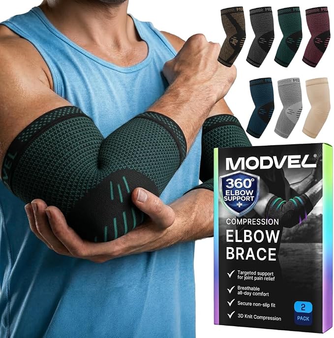 Modvel 2 Pack Elbow Brace - Golfer's Elbow Compression Sleeve Support for Joint Pain Relief, Recovery, Tendonitis Braces, Tennis Elbows Brace For Men & Women, Workout & Weightlifting Arm Wrap