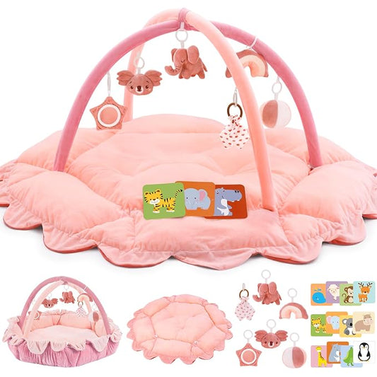 5-in-1 Plush Baby Play Gym, Activity Mat with Convertible Gym, Baby Gym 6 Sensory Toys, Play Center for Newborn to Toddler, Light Pink