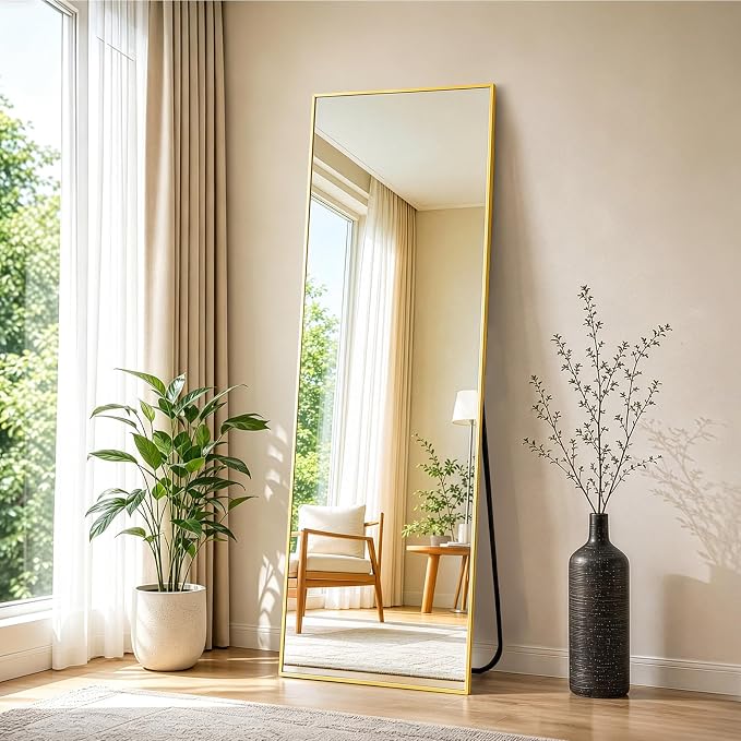 NEWBULIG 58"x19" Full Length Mirror, Full Body Standing Mirror, Gold | Leaning or Standing, Tempered Glass, Aluminum Alloy Thin Frame Floor Stand for Bedroom, Cloakroom