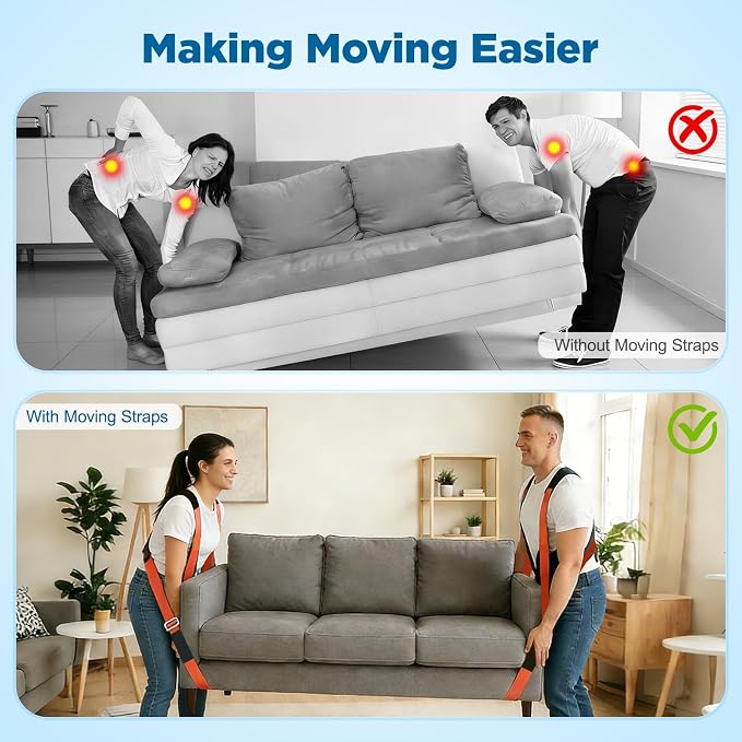 NOCOEX Moving Straps for Heavy Object - 2-Person Lifting and Moving System with Back Support - Shoulder Lifting Straps for Easily & Safely Carry Furniture Appliances Mattresses Object Up to 880 lbs