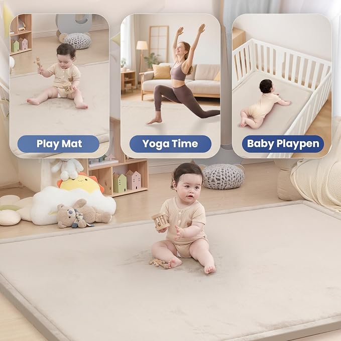 Huloo Sleep Baby Play Mat for Floor,1.3" Thick Elasti-Foam 50x50 Playpen Mat for Toddlers Infant Kids,Water-Repellent Soft Coral Velvet Tummy Time Mat,Non Slip Crawling Mat,Tatami Mat(Beige)