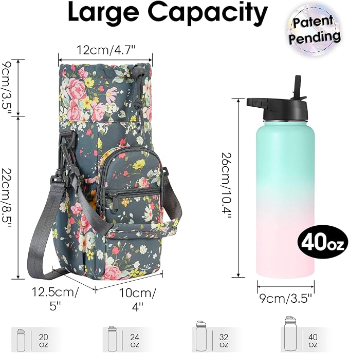 sportsnew 40oz Insulated Crossbody Water Bottle Bag Gym Hiking Phone Pocket | Water-resistant Lining, Padded Strap, Top Handle, Drawstring, Phone Pocket, Elastic Slots, Built-In Key Clip for Gym Walking