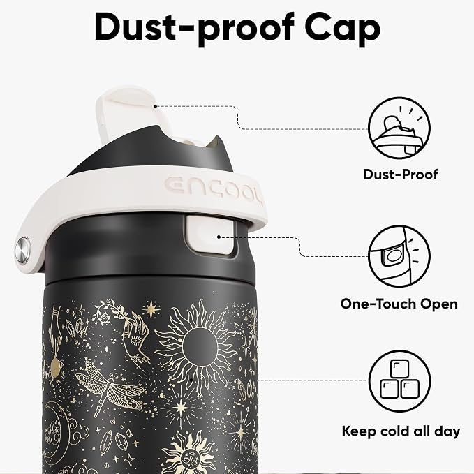 ENCOOL Leakproof Insulated Water Bottle with Straw Dual-Sip Water Bottle Bag-Safe Design for Work, Commute & Gym – Keeps Drinks Cold All Day, 24 oz, Oracle Moth