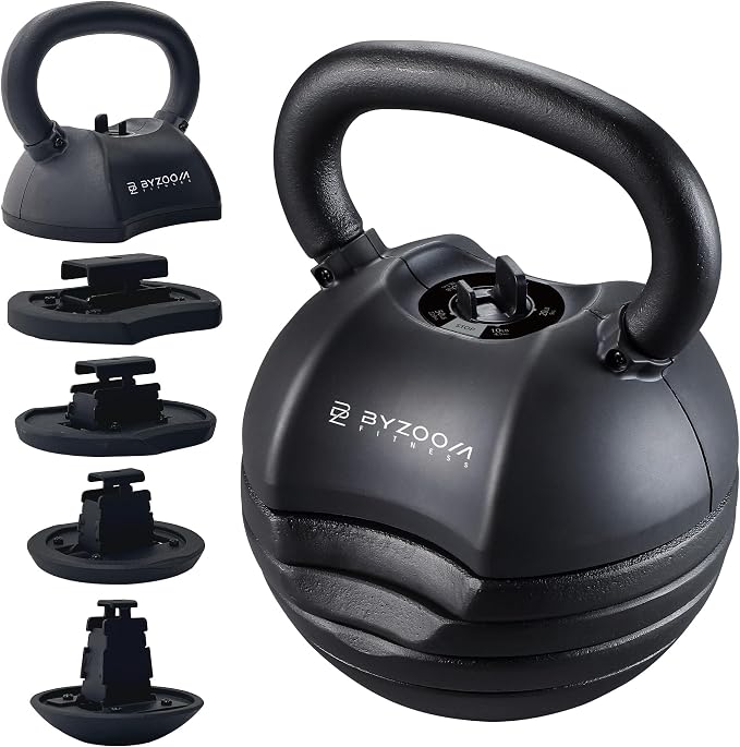 BYZOOM FITNESS Pure Series Adjustable Kettlebell 30/40/50LB - 5-IN-1 Weight Change, Patented Quick-Change Machenism, Ergonomic Curved Handle for Home Gym, Strength Training, HIIT, White OR Black