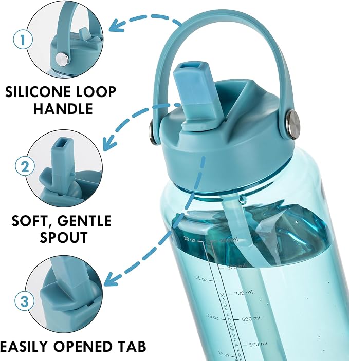 OLDLEY 32oz Water Bottle with Straw,Leakproof Tritan Clear Bottle with Marked Bottle and Carry Handle, BPA-Free Wide Mouth Reusable Sports Water Bottle for Gym,Hiking, Camping,Travel,Workout,Surfer
