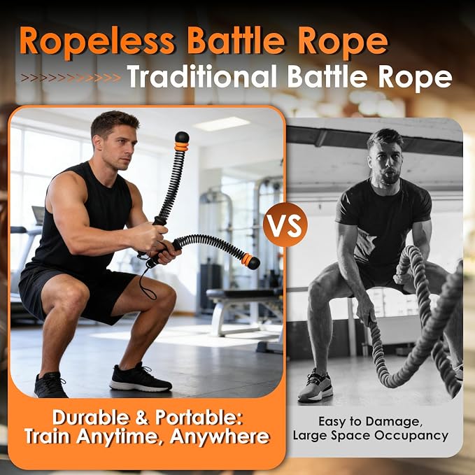 Weighted Ropeless Battle Ropes, Heavy Duty Portable and Adjustable Cordless Ropeless Battle Rope with Storage Bag for Home Gym, Low-Impact Workout, Fitness Equipment for Women & Men (Black and Orange)