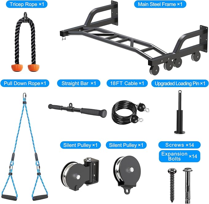 SELEWARE 48'' Heavy Duty Wall Mount Pull Up Bar with Cable Pulley System | Multi-function Chin up Bar with Cable Pulleys LAT Pulldown Attachments Heavy Bag Hanger for Home/Garage Gym Strength Training