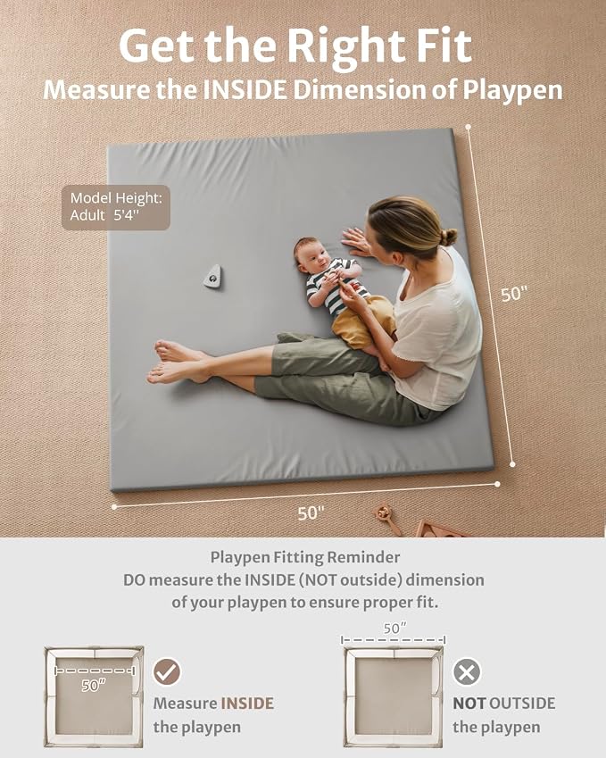 Blissful Diary Vegan Leather Baby Play Mat, 50''x50'', Light Gray | thick cushion, safe and soft fabric, waterproof and wip clean, indoor use, non-slip bottom, stylish mordern decor