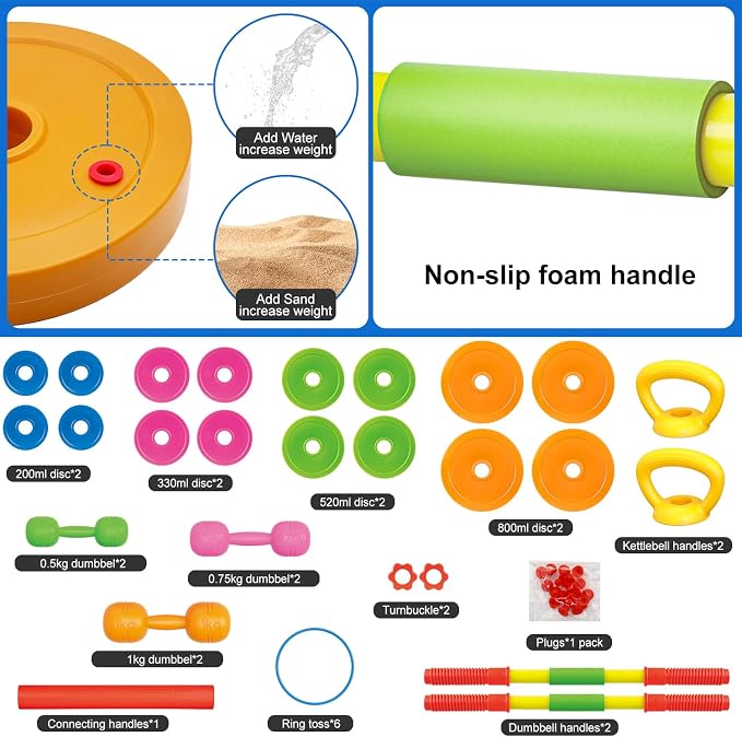 Kids Exercise Weight Set, Barbell and Dumbbell Workout Equipment, Toddler Beginner Gym Toy for Pretend Play Lifting Exercise & Fitness, Adjustable Fill with Sand or Water