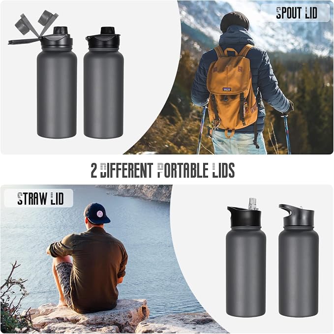 32 oz Insulated Water Bottle with Straw Lid & Wide Mouth Lids, Stainless Steel Sports Water Bottles, Double Walled Vacuum, Leak Proof, Gray