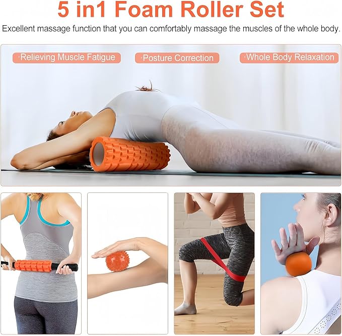 Aucuu 6 in 1 Foam Roller Set Includes Hollow Core Massage Roller, Yoga Stick, Massage Ball, Fitness Stretching Strap, Carrying Bag, Towel, Massage Roller (Orange)