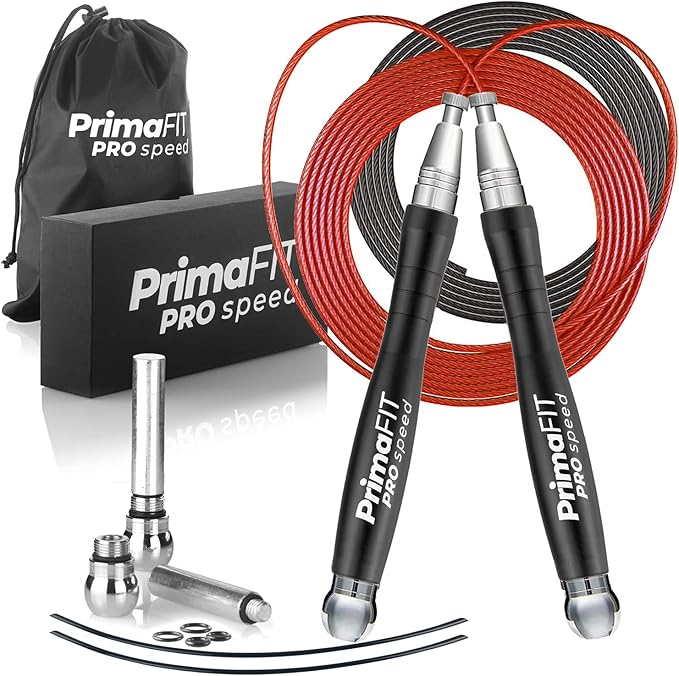 PrimaFIT Pro Speed Jump Rope for Adults, Weighted Skipping Rope for Boxing | Adjustable Jumping Rope for Fitness Workout & CrossFit Exercise, Double Unders, Handle Weights, 3m Cables 2 Protectors, Bag