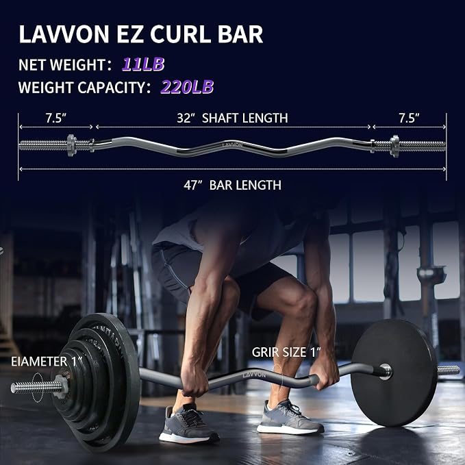 47" EZ Curl Bar Weight Lifting Bar, 1-inch Curling Bars for Weight lifting | Barbell bar for Hip Thrusts/Squats/Lunges for Gym and Home, With 2 Star Double Risk Star-nuts (220lb Weight Capacity)