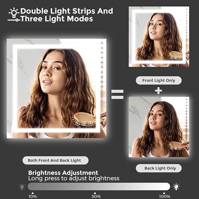 Koonmi 28x28 LED Bathroom Mirror with Light, Anti-Fog, 3 Colors | Backlit + Front Lit, Dimmable Brightness, Shatterproof HD Distortion-Free Tempered Glass, Hardware Included