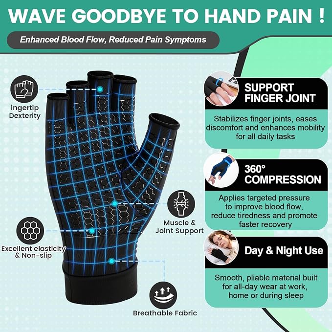 Arthritis Compression Gloves for Men & Women, Carpal Tunnel Pain Relief | Wrist Thumb Support, Fingerless, Breathable Lycra, Non-Slip for Tendonitis, Pain & Swelling Relief - 1 Pair