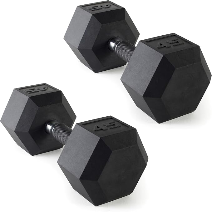 CAP Rubber Coated Dumbbell Weights, Free Weights for Home Gym Strength Training, Anti-Roll Hex Dumbbells with Black, Chrome & Comfort Grip Handles, Pairs & Sets