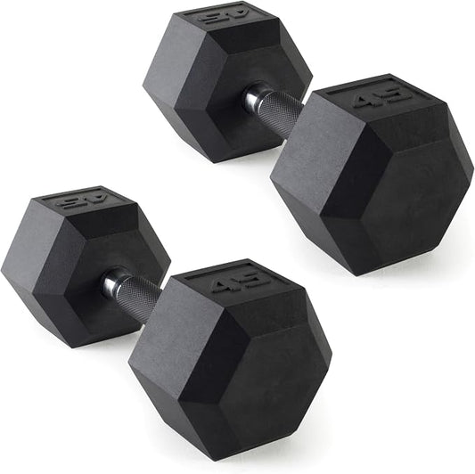 CAP Rubber Coated Dumbbell Weights, Free Weights for Home Gym Strength Training, Anti-Roll Hex Dumbbells with Black, Chrome & Comfort Grip Handles, Pairs & Sets
