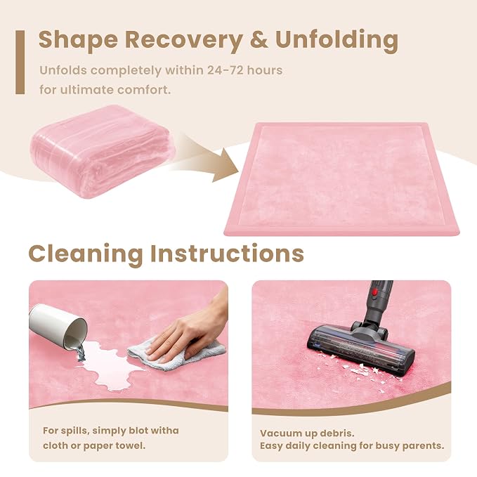 ACOMOPACK Baby Play Mat for Floor 1.3" Thick Memory Foam Play Mat 79"×118" Tummy Time Crawling with Non-slip Bottom for Living Room,Nursery,Soft Velvet Playpen Mats for Kids,Infants（Pink）