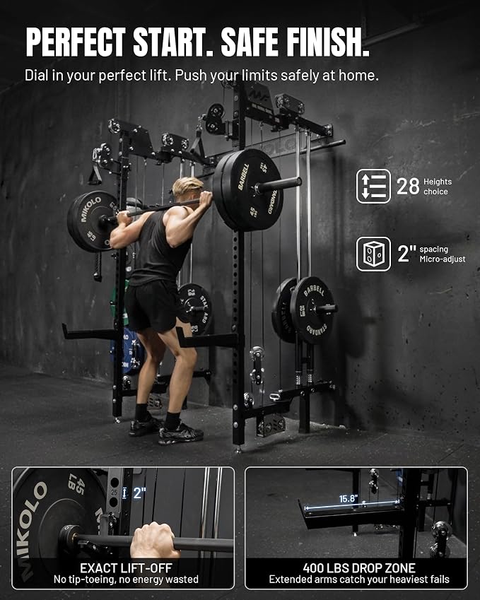 Mikolo Folding Squat Rack, Wall Mounted Power Rack with Cable Crossover Machine & LAT Pull Down, Functional Trainer with 5 Adjustable Function Modes, Home Gym Package