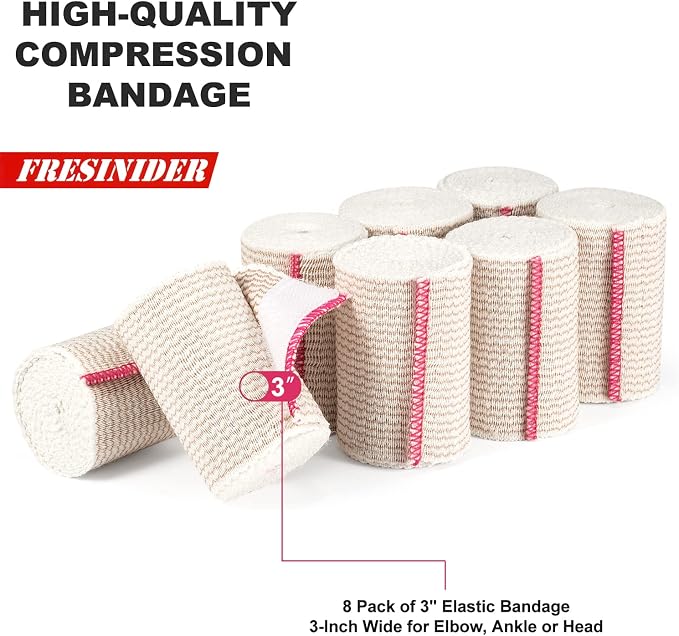 FRESINIDER Premium Elastic Bandage Wrap 3 Inch, 8 Pack, Hook and Loop | Versatile 3-Inch Cotton Compression Wrap for Ankle, Wrist and Elbow; Secure Ends for Sprains, Swelling and Sports Recovery.