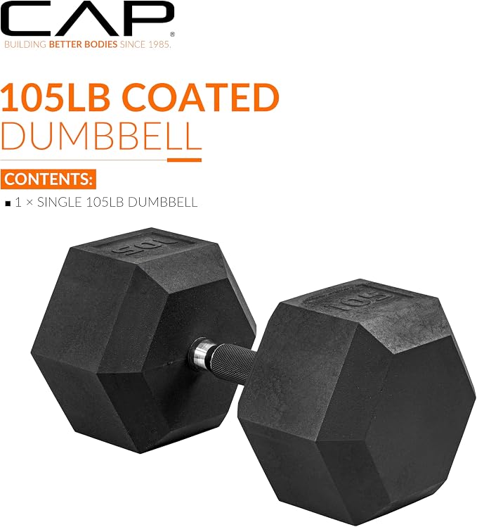 CAP Rubber Coated Dumbbell Weights, Free Weights for Home Gym Strength Training, Anti-Roll Hex Dumbbells with Black, Chrome & Comfort Grip Handles, Singles