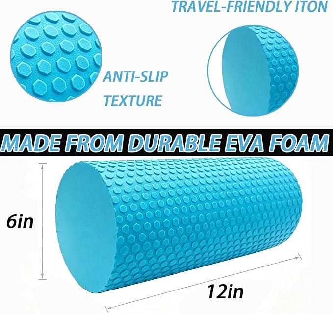 Foam Roller for Exercise, Pilates, Back Physical Therapy, 12" X 6" Round | Medium Density, Deep Tissue Muscle Massage Recovery, Workout Stretching, Trigger Point Fitness, Travel, Compact Size