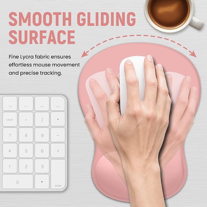 Ergonomic Mouse Pad with Wrist Rest, Gel Wrist Support, Pink | 10.2 x 7.6 in Mouse Pad with Smooth Fabric Surface and Non-Slip Rubber Base for Office, Home, Study, and Gaming
